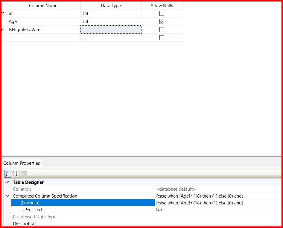 Picture showing the computed column added in the table